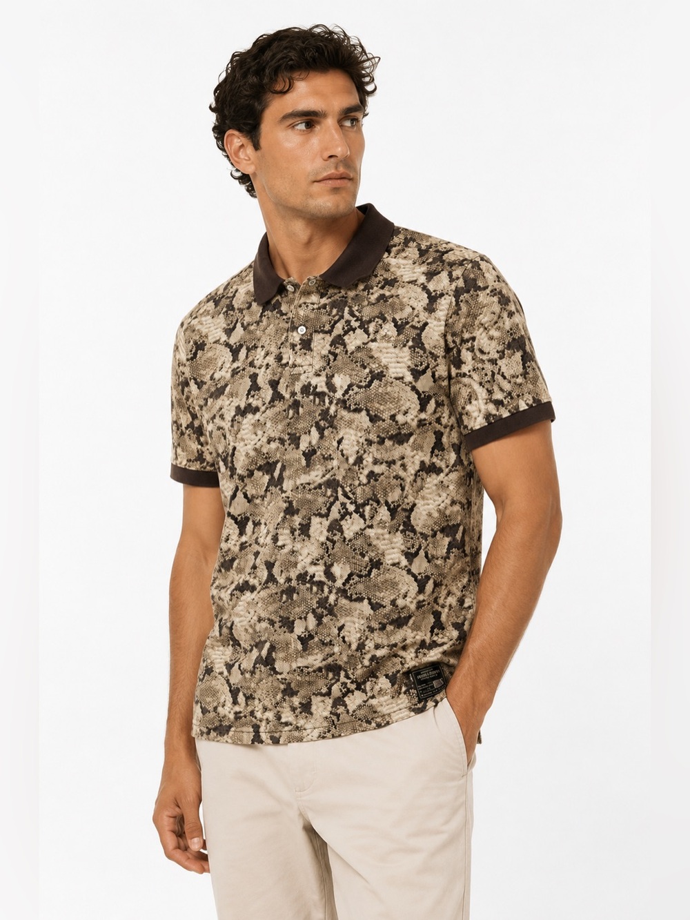 Denim & Supply Ralph Lauren Men’s M Snake Print Polo Shirt Brown Beige